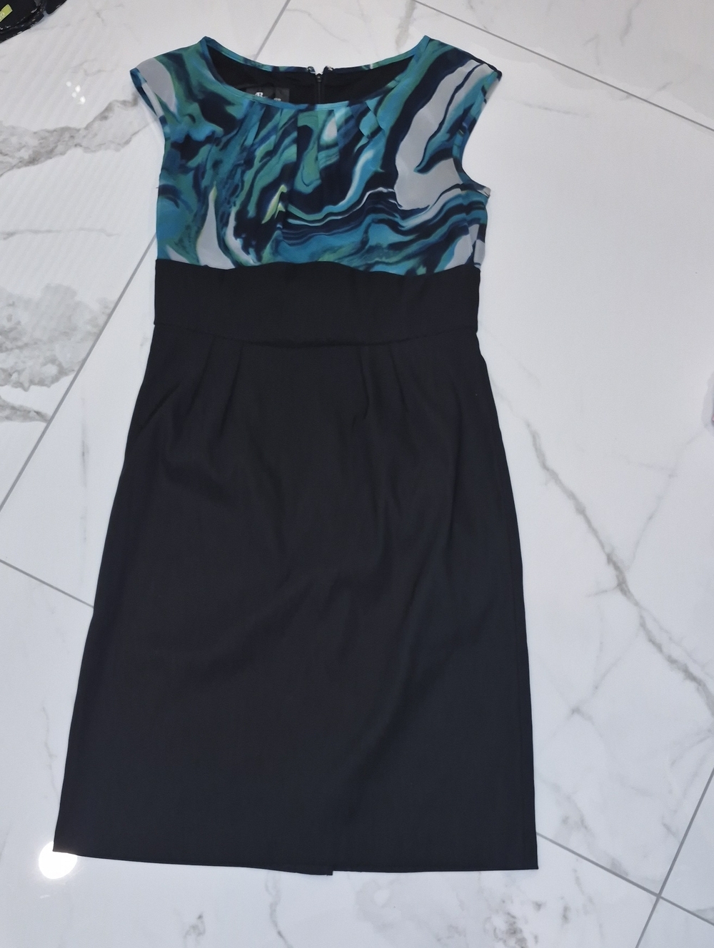 AB Studio Black Pencil Dress with Blue-Green Printed Bodice